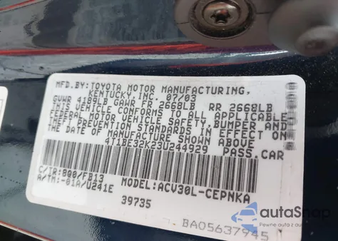 2003 Toyota Camry Le из США, поврежденный, VIN 4T1BE32K23U244929